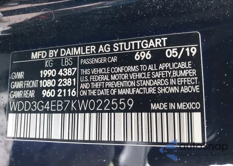 2019 Mercedes-Benz A 220 из США, поврежденный, VIN WDD3G4EB7KW022559